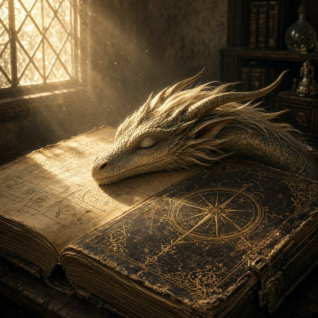 A mystical dragon's head, slender and dreamy, rests upon the yellowed pages of an ancient tome, the cover worn and mysterious, as soft warm light pours in through a nearby window, casting a serene ambiance, the air thick with the scent of old parchment and forgotten knowledge. — Grok Imagine Image 2