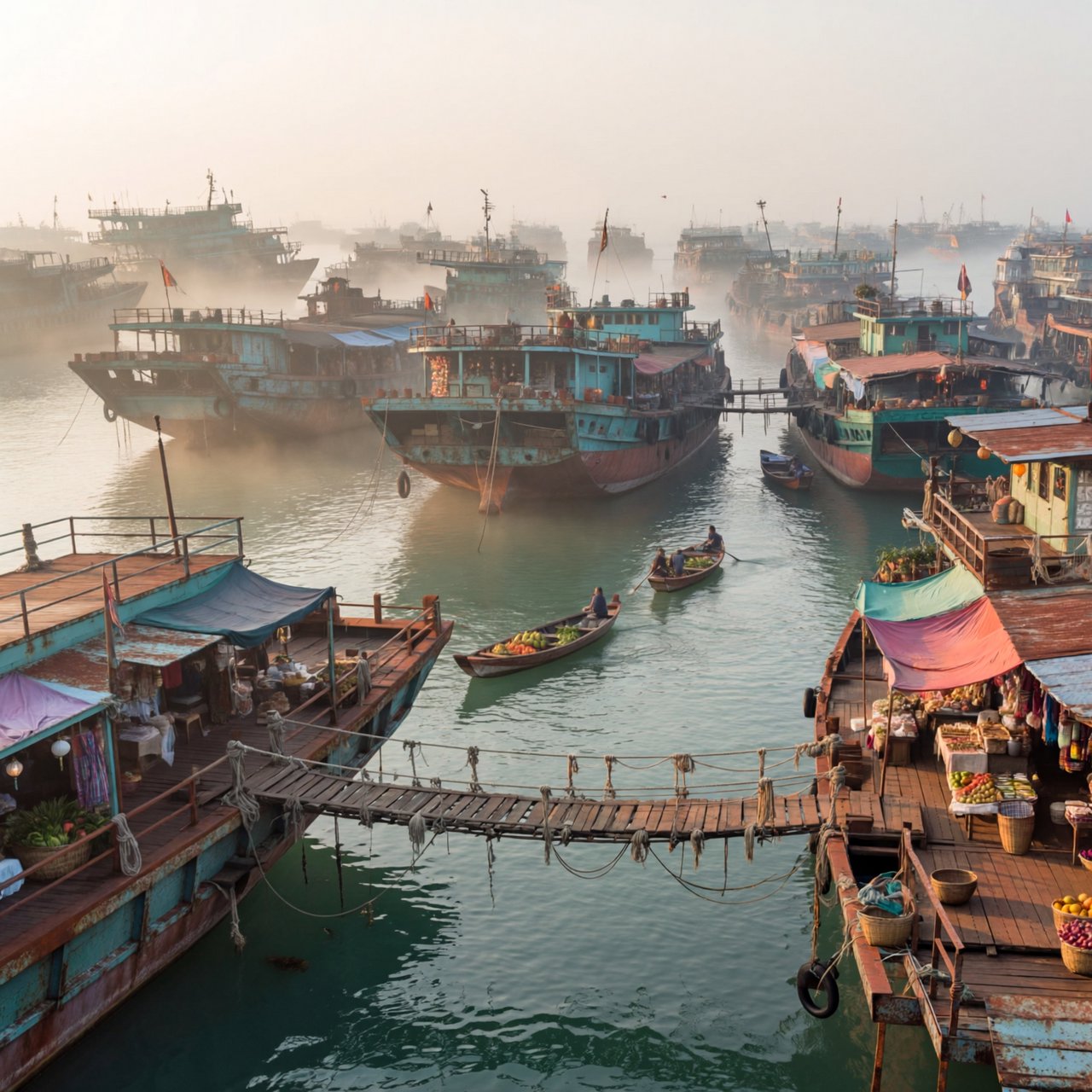 A floating market city built on the hulls of giant upturned ships, rope bridges, morning haze, wide establishing shot. — ImagineArt 2