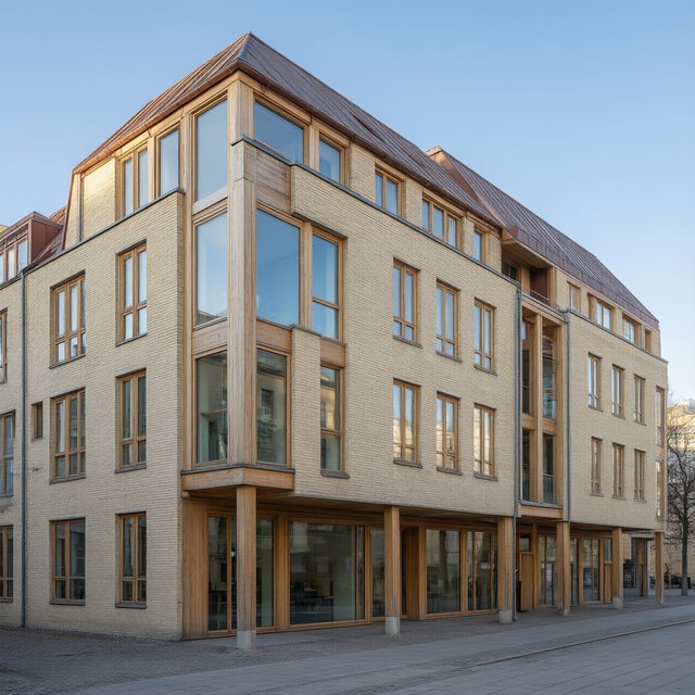 A riverside public library in contemporary Nordic brick architecture combines pale buff brick, oak-framed glazing, and a copper roof; cool morning light grazes its elevations, viewed from across the promenade, with straight lines and credible supports. — Model 17