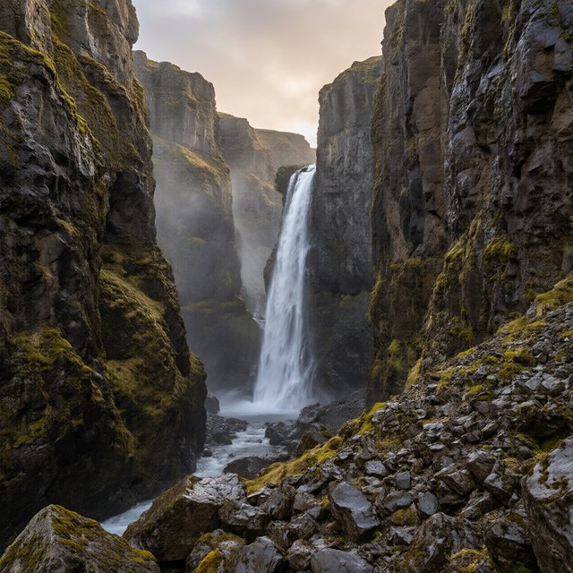 After a passing squall, a waterfall drops through a narrow basalt gorge at dusk, its white plume breaking against dark ledges; rain-beaded moss and sharp foreground stones lead toward cliffs fading behind drifting spray. — Qwen Image 3.0