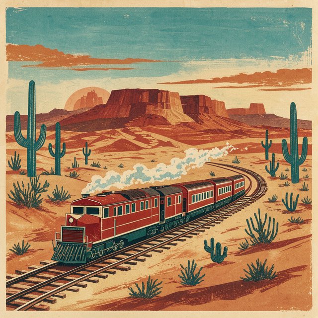 At dawn, a scarlet desert train curves past saguaro silhouettes toward a mesa; screen-printed gouache illustration in mid-century travel-poster style, palette of rust, turquoise, sand, and cream, no lettering. — FLUX 3 Image Klein