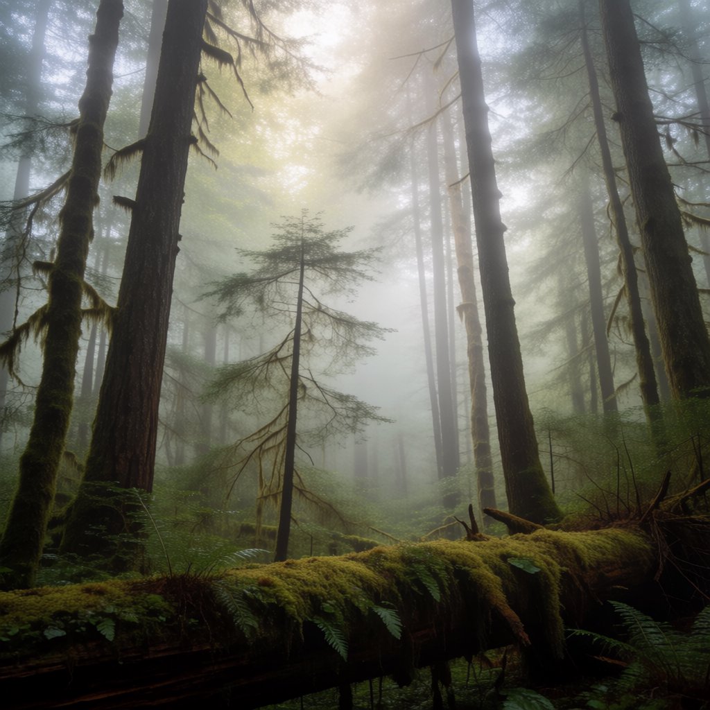 Old-growth temperate rainforest after rain, moss-covered fallen log, fog between the trunks, soft diffused light. — Krea 2 Medium