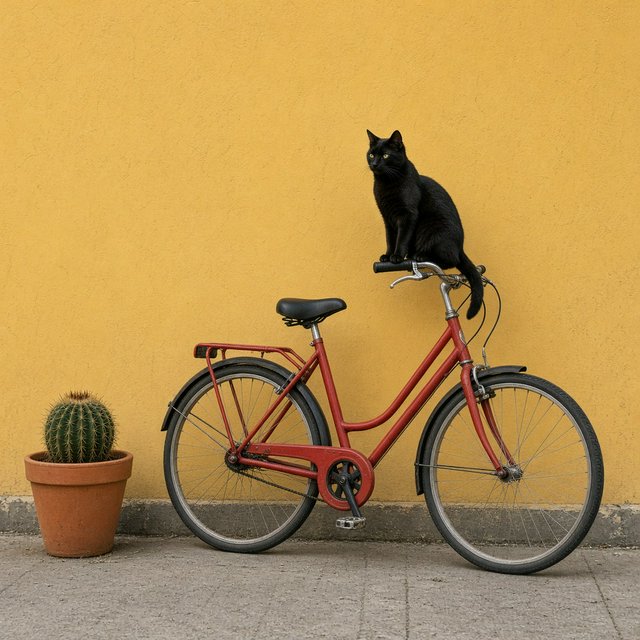 A red bicycle leaning against a yellow wall, a black cat sitting on the bicycle's saddle, a small potted cactus to the left of the bicycle. — Grok Imagine Image 2