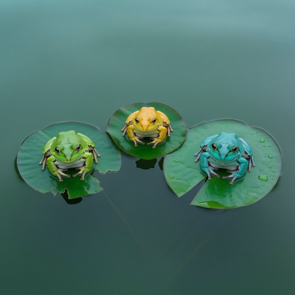 A still pond holds exactly three frogs on separate lily pads: a lime-green frog at the left, a golden-yellow frog in the center, and a turquoise frog at the right. All face forward; nothing else. — Krea 2 Medium