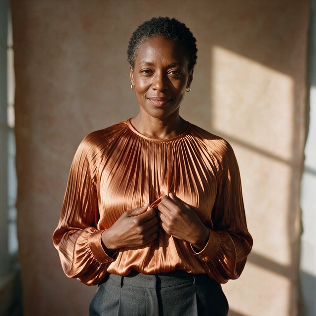 Portrait of an adult Black woman in her 50s wearing a pleated copper satin blouse and tailored charcoal trousers, her hands gently holding the blouse fabric, calm half-smile, warm plaster backdrop, late-afternoon window light grazing her face. — Seedream 5.0 Pro