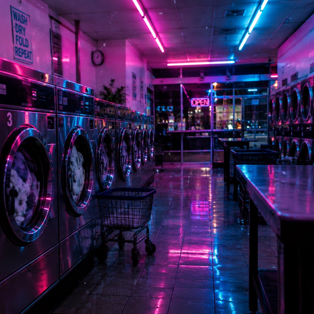 Neon washes a nearly empty overnight laundromat, reflections trembling across tiled floor and spinning steel drums. A handheld street snapshot under magenta and cyan tubes, shot at 35mm with moderate depth of field, catches lint drifting in the air. — GPT Image 2.5 Flare