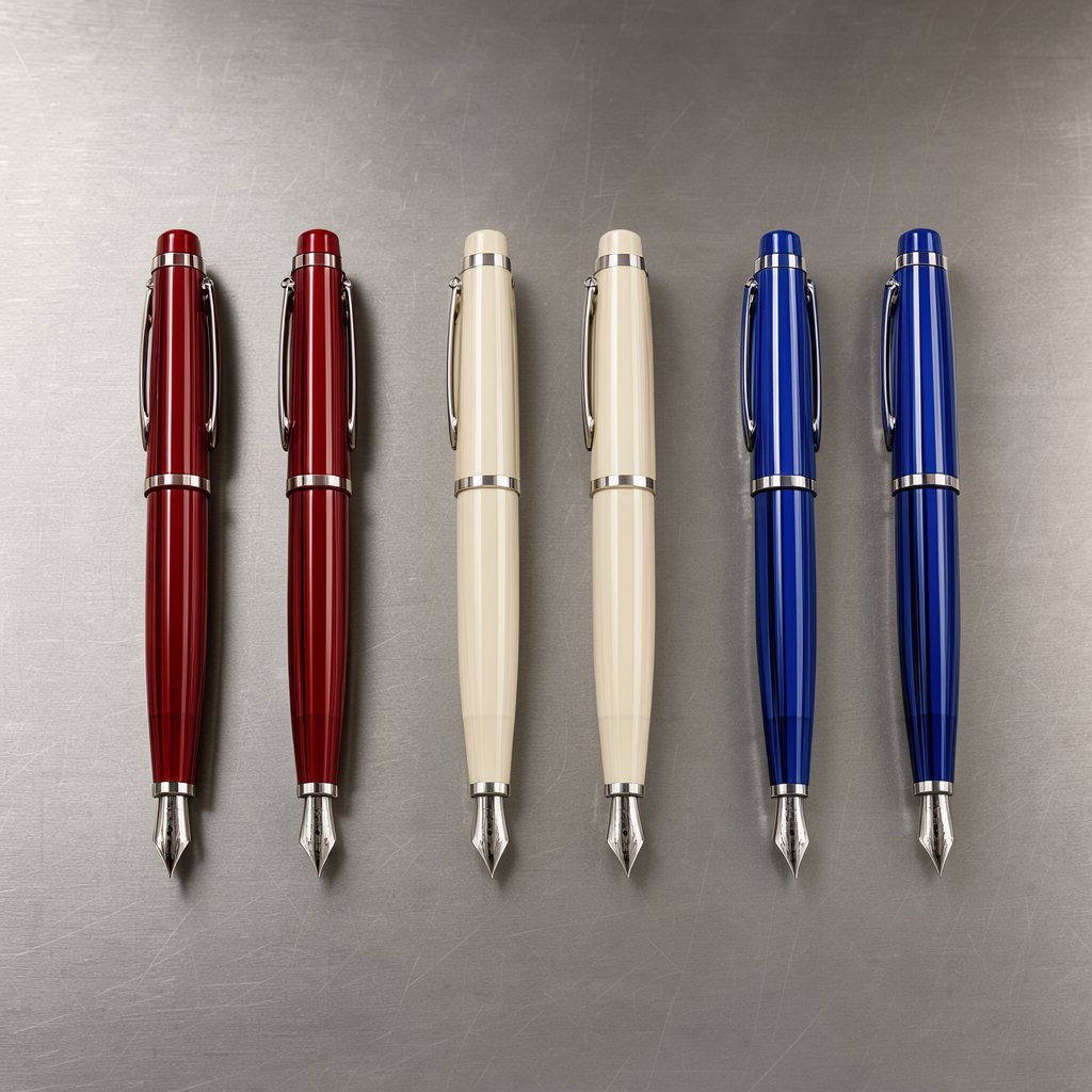 Across a brushed steel counter, exactly six fountain pens rest in three groups: two crimson pens on the left, two ivory pens in the center, and two cobalt pens on the right; nothing else. — FLUX 3 Image Klein