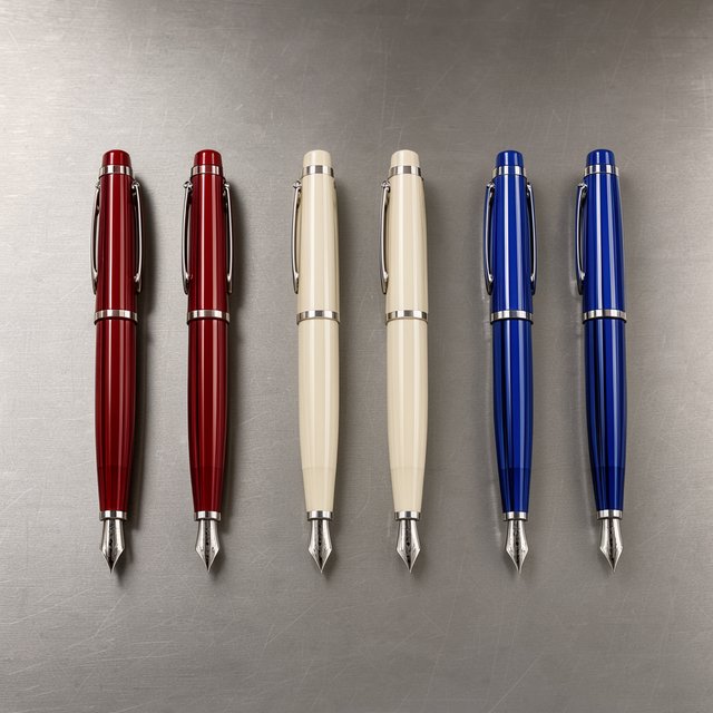 Across a brushed steel counter, exactly six fountain pens rest in three groups: two crimson pens on the left, two ivory pens in the center, and two cobalt pens on the right; nothing else. — FLUX 3 Image Klein