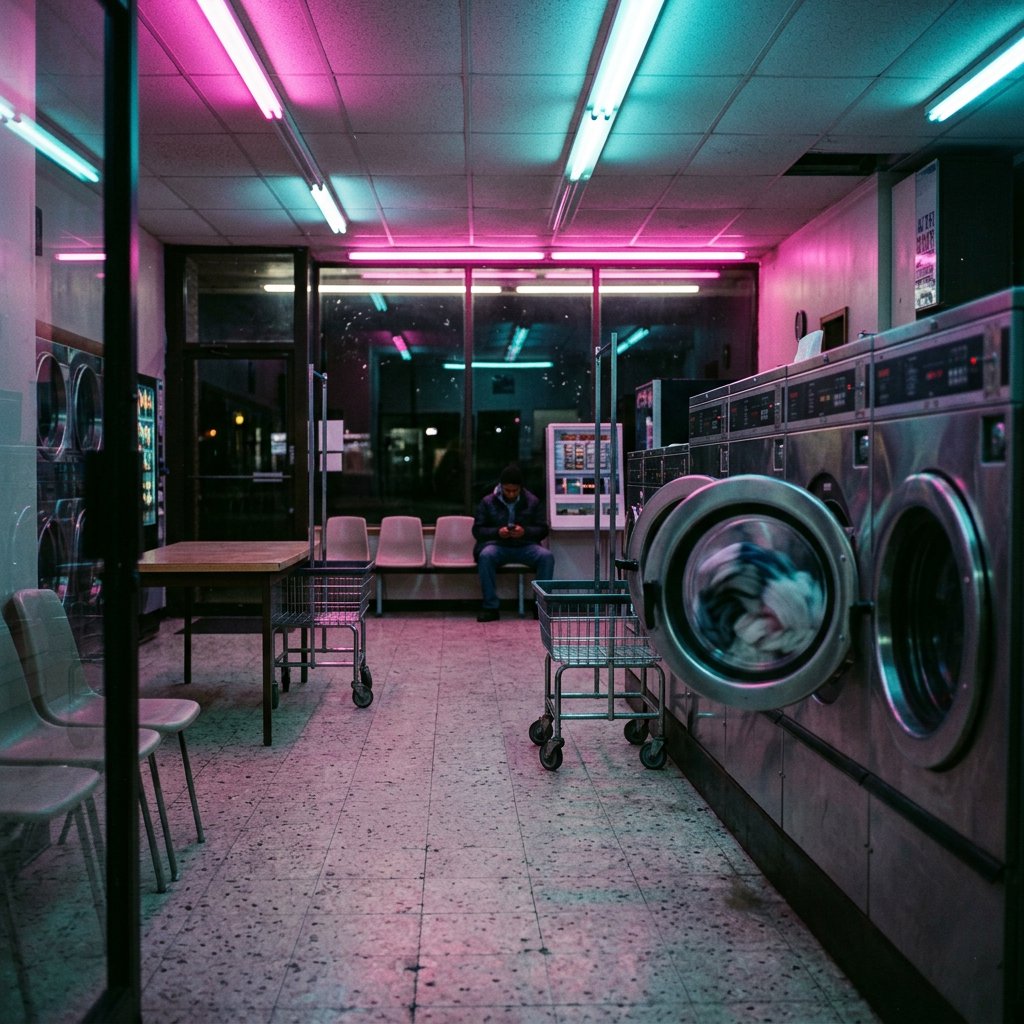 Neon washes a nearly empty overnight laundromat, reflections trembling across tiled floor and spinning steel drums. A handheld street snapshot under magenta and cyan tubes, shot at 35mm with moderate depth of field, catches lint drifting in the air. — Nano Banana 2.1