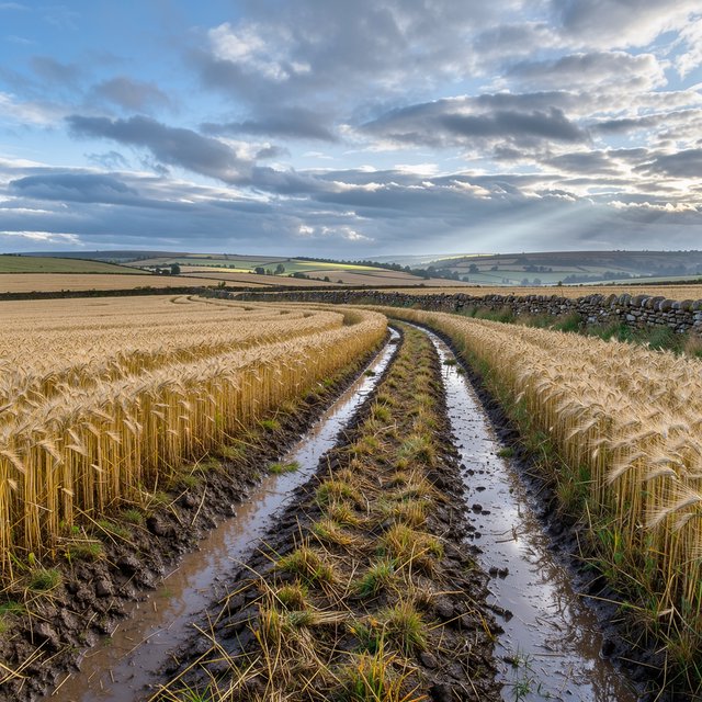 Golden barley fields ripple beneath a vast sky as a cool morning breeze follows overnight showers; muddy tractor furrows glisten in the foreground, guiding the eye past a weathered stone boundary toward low hills under broken clouds. — Model 1