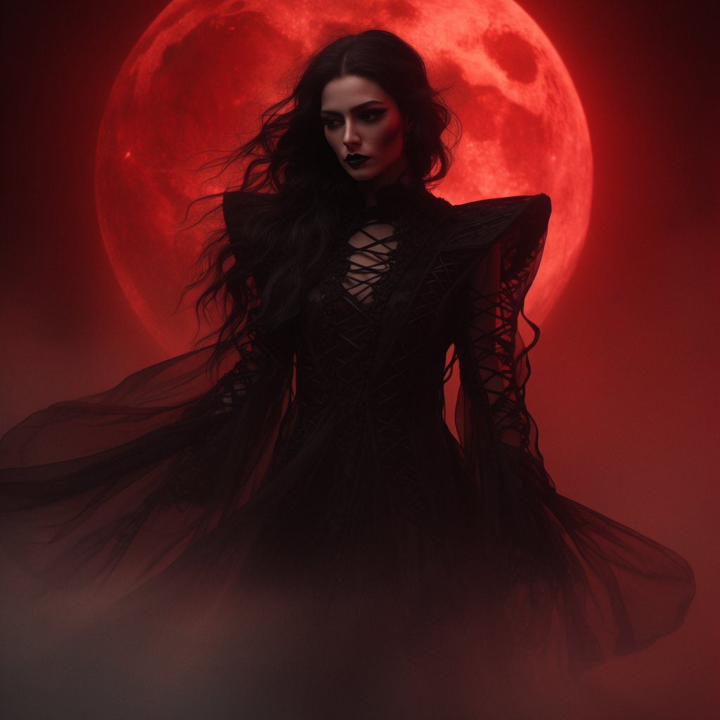 Captivating gothic goddess silhouetted against a blood red moon. Long dark hair blowing in a gentle breeze. Dramatic make-up. Ethereal black garment with silver details billowing in the breeze. Pensive expression. — Krea 2 Large
