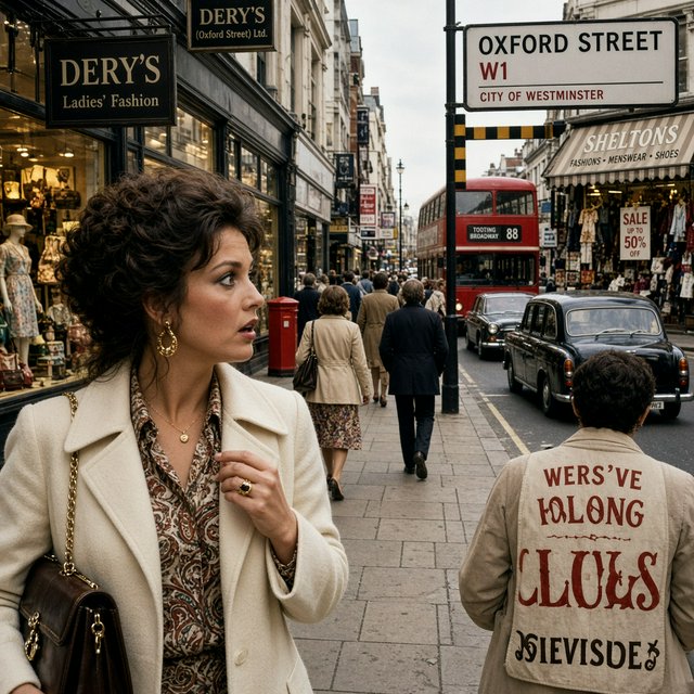 A glamorous woman walking down a busy UK high street in 1977. There are cars, buses and shops full of merchandise. Something surprising catches her eye. — Grok Imagine Image 2