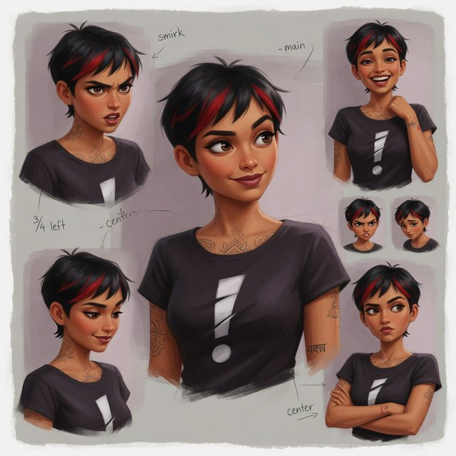 Character exploration sheet of the same 25-year-old Indian woman in several bust and waist-up studies, varied expressions and three-quarter views, one larger central portrait. Warm brown skin, black pixie haircut with red streaks, tattoos, tight T-shirt bearing an exclamation mark (!). Plain warm light-gray background, irregular painted edges. Stylized semi-realistic digital painting with animation-inspired proportions, large expressive eyes, strong brows, simplified anatomy and convincing volume. Minimal linework, soft blended facial shading, broad angular brushstrokes on clothing. Luminous warm brown skin with terracotta undertones, subtle blush, restrained highlights. Hair painted in sculpted masses with broad highlights and fine flyaways. Muted charcoal and earthy neutrals, soft directional studio lighting, detailed eyes and lips, loose edges and unfinished brushwork. — Grok Imagine Image Quality