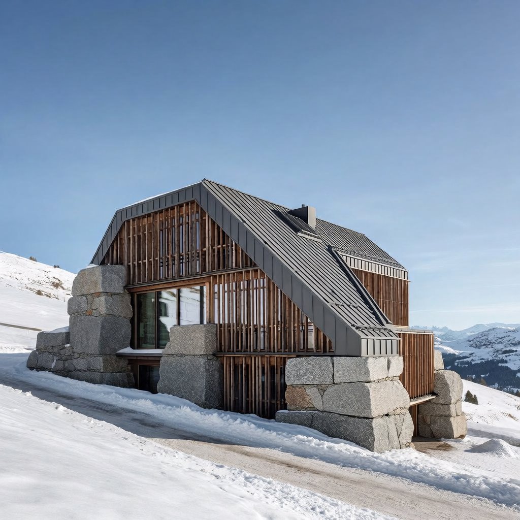 Exterior of a contemporary alpine research lodge in restrained regional modernism, rough granite walls, larch screens, steep standing-seam roof, crisp snow-bright morning light, viewed from below across a mountain footpath, sound structural geometry. — Krea 2 Medium