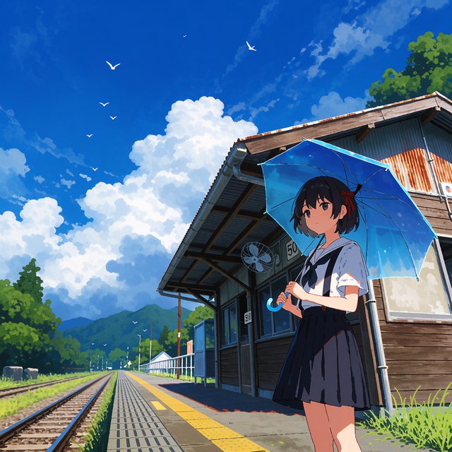 Anime-style illustration of a girl with a blue umbrella waiting at a rural train station in summer, cicadas implied by heat haze, cel shading. — Krea 2 Medium