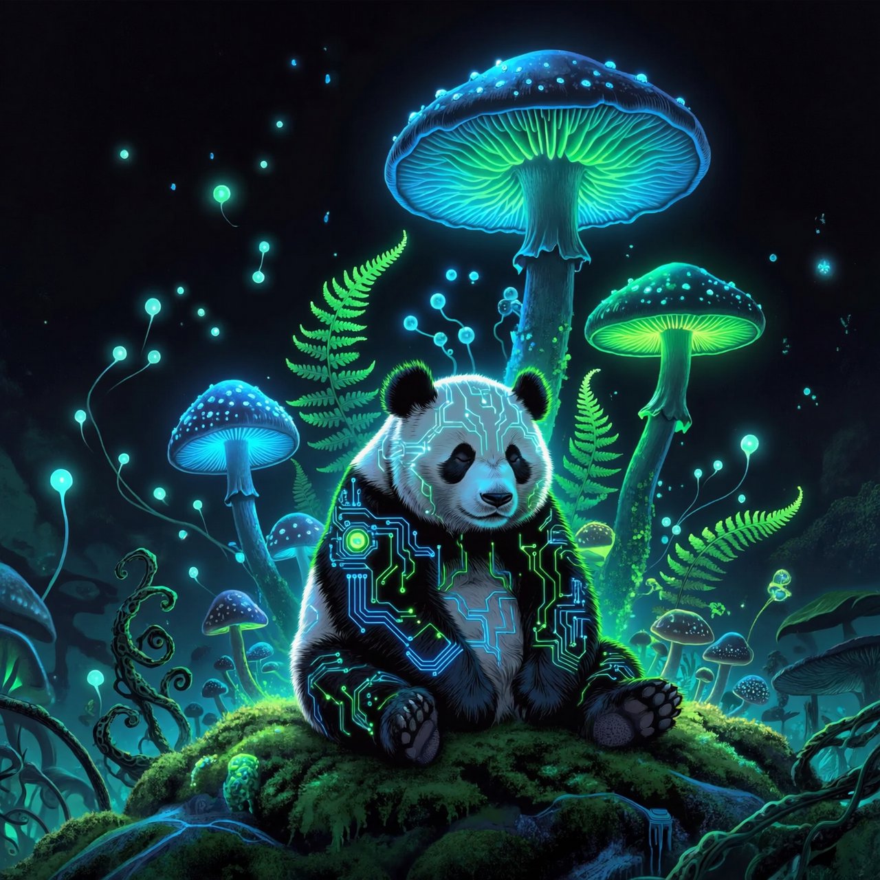 A bioluminescent panda bear, its fur patterns glowing with neon blues and vibrant greens, sits peacefully amidst a grove of luminous, alien flora. Giant, pulsing mushrooms and floating orbs of light create an otherworldly ambiance. The background fades into an inky blackness, making the glowing elements pop. Style: Sci-fi fantasy illustration with sharp, defined lines and glowing contrasts, drawing inspiration from futuristic concept art. — ImagineArt 2