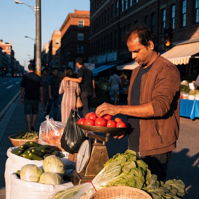 Candid street photograph of an outdoor vegetable market at golden hour, a vendor weighing tomatoes on a brass scale, shallow depth of field, 50mm lens. — Recraft v4 Pro