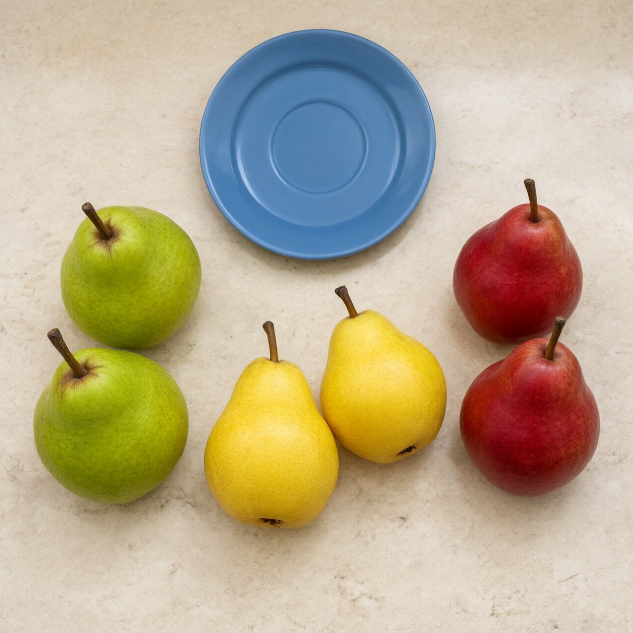 Exactly six ripe pears sit on a pale stone counter: two green pears on the left, two yellow pears in the center, and two red pears on the right. A small blue plate sits above the center pair, nothing else. — Qwen Image 3.0
