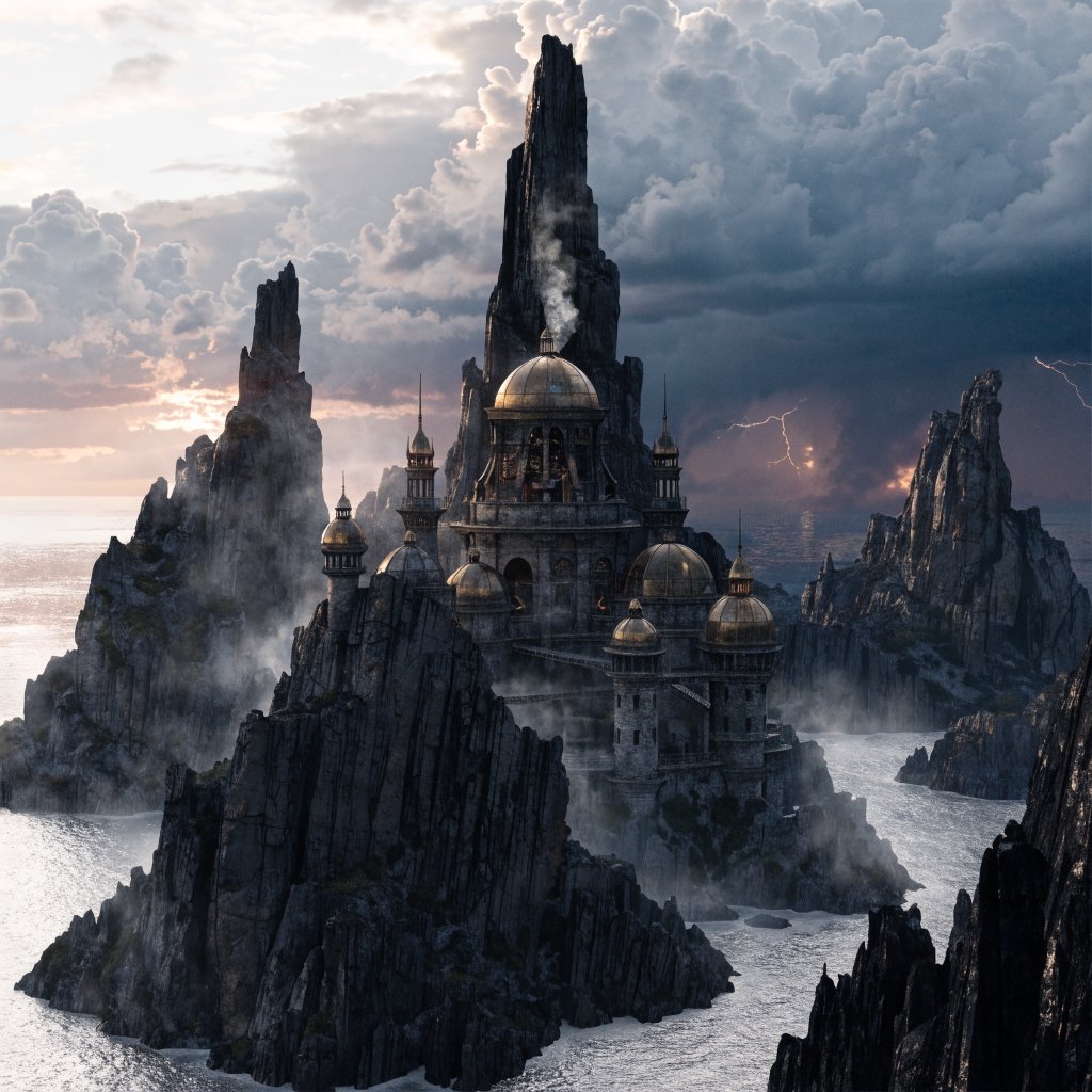 A wind-carved observatory crowns black cliffs above a silver inland sea, its open brass domes catching the last rose light. Salt mist drifts through suspended bridges as distant storms flicker beyond the horizon. — Recraft v4