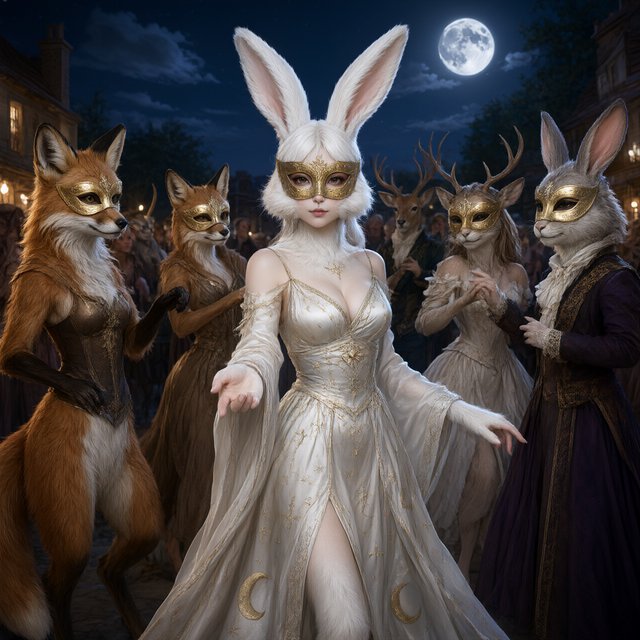 Create the most glamorous and mysterious midnight masked-ball scene, where various alluring anthropomorphic animals, such as foxes, deer, and rabbits, pose and dance under the moon. They wear moon-themed masks. In the middle foreground stands the most exquisite, alluring human-rabbit hybrid, with long white rabbit ears, a pulchritudinous East Asian face, an hourglass figure, rabbit-fur features, and human skin blended aesthetically. She wears the most exquisite silk dress with moon patterns and cross-star embroidery. She poses in a beckoning gesture, inviting the viewer to be her dance partner at the masquerade. No speech. — Qwen Image 3.0