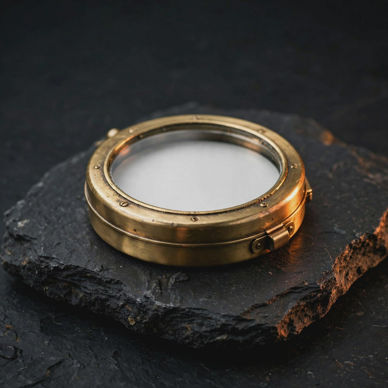 A compact brass pocket compass rests on black slate, its satin-metal casing and clear glass cover catching a broad diffused key and narrow warm rim light against a deep charcoal background; an unbranded commercial product image, blank face without lettering. — Muse Image 1.0