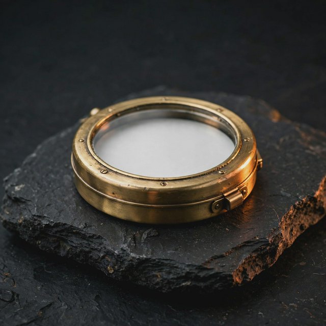 A compact brass pocket compass rests on black slate, its satin-metal casing and clear glass cover catching a broad diffused key and narrow warm rim light against a deep charcoal background; an unbranded commercial product image, blank face without lettering. — Muse Image 1.0