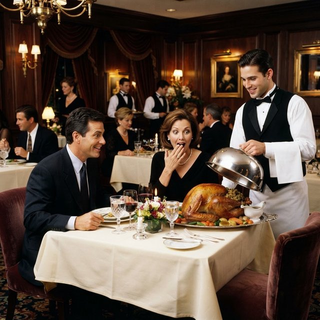 A very posh, well-lit 1990s restaurant with beautiful, tasteful decor. A husband and wife dine in a high-class restaurant. The waiter serves something very surprising as the main course! — Nano Banana 2 Lite