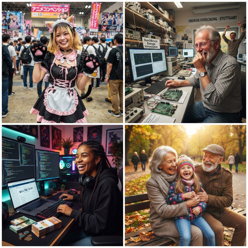 Realistic. Four scenes in one. 1) A pretty Japanese woman, about 19–23 years old, in cat-type cosplay at an anime convention. 2) An old German man or woman, about 60–65 years old, finally having a breakthrough that would change the world. 3) A happy, mixed-race, 21-year-old female or male hacker checking their bank account, which has many zeros, with a bundle of cash near their PC. 4) A happy moment that would make you smile. — Nano Banana 2 Lite