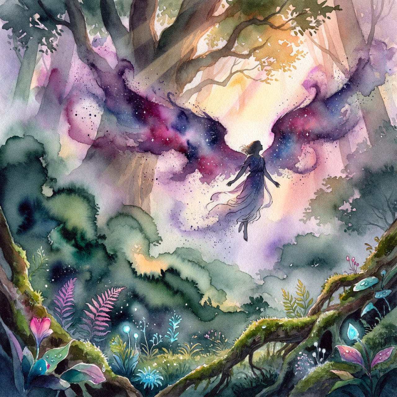 A lone angel with feathered wings, composed of swirling cosmic dust and nebulae, descends into a quiet, enchanted forest. Sunlight filters through the ancient canopy, illuminating wisps of mist and the vibrant, otherworldly plants below. The style is a fusion of hyper-detailed fantasy illustration and soft watercolor techniques, with the polished finish of concept art. — ImagineArt 2