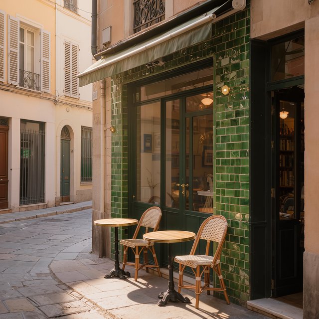 A tiny corner café in a narrow European street, green tiled facade, two bistro tables, morning light, no people. — Kling v3