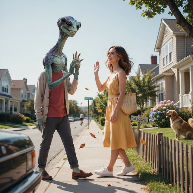 Alien monster walking down the street, greeting a beautiful woman walking toward him down the street on a lovely sunny day! — Ideogram v4