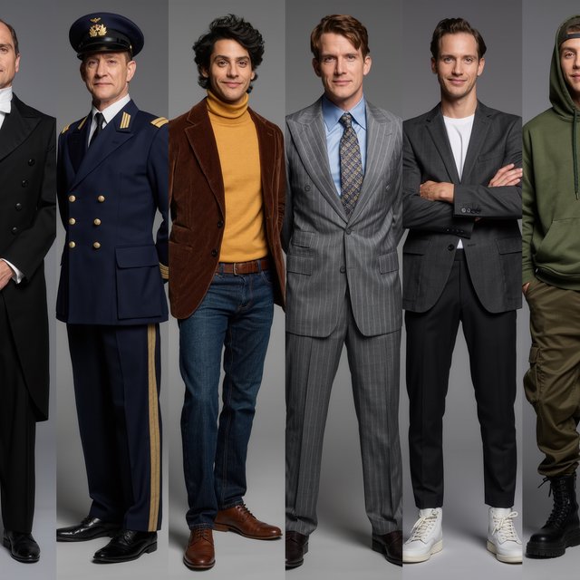 A realistic image only, showing nice outfits worn by adult men from at least 4–6 different eras. Mention the time range for each era. — Kling v3 Omni