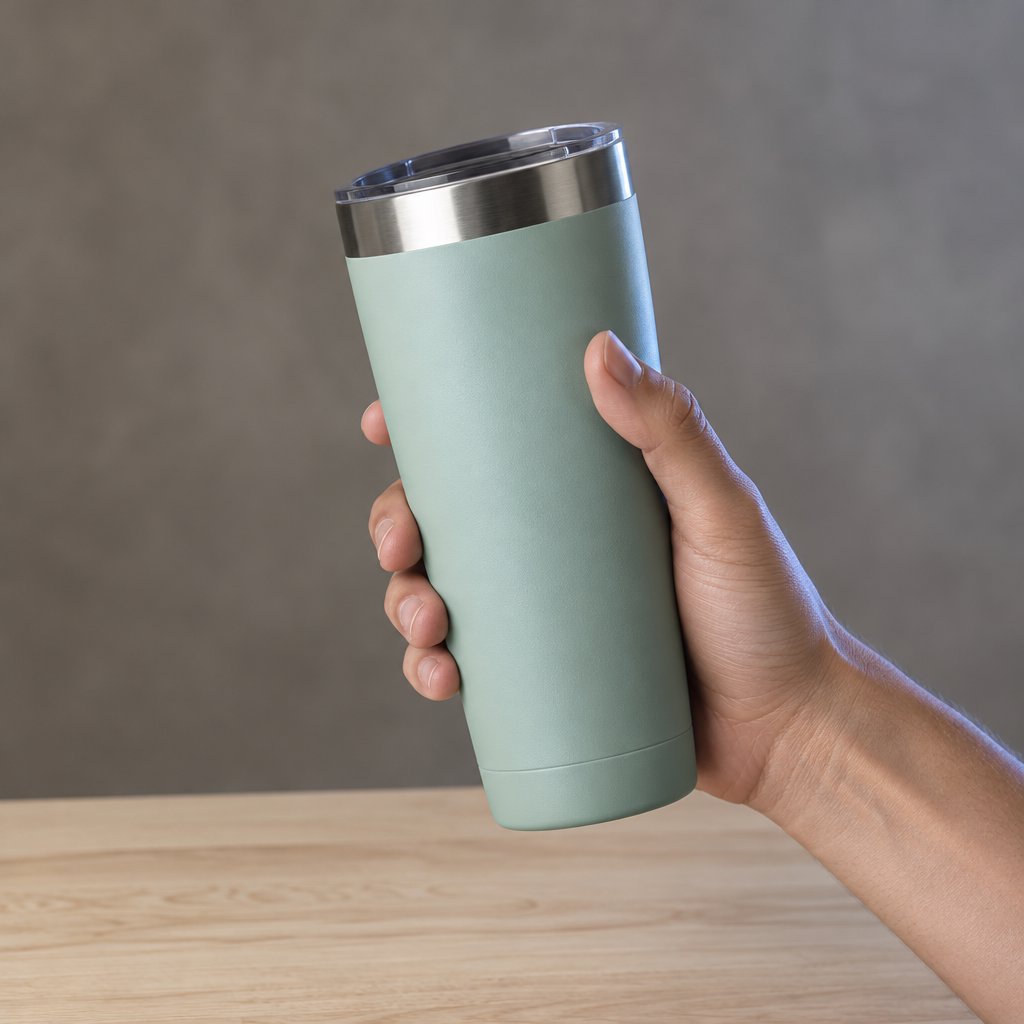 An adult hand lifts an unbranded insulated travel mug, its matte sea-glass polymer body and brushed-steel rim catching softbox highlights above a pale oak counter; warm gray studio backdrop, broad diffused key and cool edge light, no face or lettering. — GPT Image 2.5 Flare