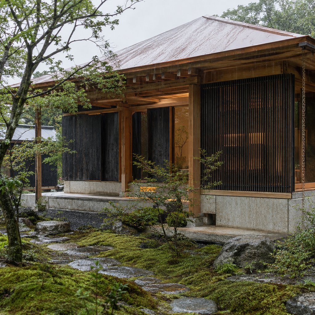 Exterior of a Kyoto-inspired contemporary teahouse in restrained Japanese timber architecture, charred cedar screens, pale granite, and a copper-clad roof; soft rain-bright afternoon light, viewed obliquely from a moss garden path, precise joinery and credible structure. — GPT Image 2.5 Flare