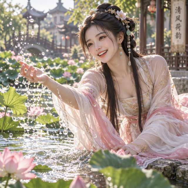 Cinematic shot, a breathtakingly stunning adult Chinese woman from ancient times playing joyfully by a crystal-clear lotus pond, mid-summer afternoon. She is wearing an exquisite, flowing silk Hanfu dress in pastel pink and white with intricate gold embroidery. Her face is porcelain-smooth, with delicate makeup, long black hair elegantly styled with jade hairpins, and a radiant, charming smile. Water droplets frozen in mid-air, sunlight filtering through lush green lotus leaves, creating dappled light on her skin. Shallow depth of field, bokeh background of traditional Chinese architecture, hyper-realistic, soft natural lighting, serene yet playful atmosphere. — GPT Image 2.5 Sunburst