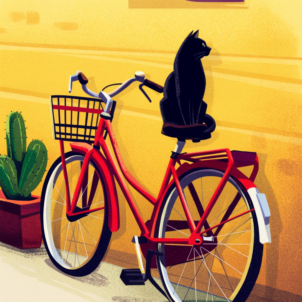 A red bicycle leaning against a yellow wall, a black cat sitting on the bicycle's saddle, a small potted cactus to the left of the bicycle. — Krea 2 Large