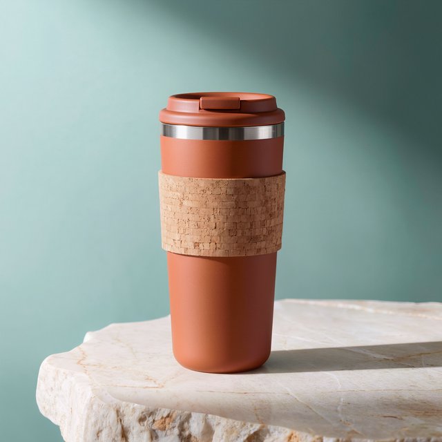 Commercial product photograph of an unbranded insulated travel mug made from matte terracotta powder-coated steel with a cork grip, standing on a pale limestone slab against a soft teal background, lit by broad diffused window light and a gentle edge light. — Kling v3