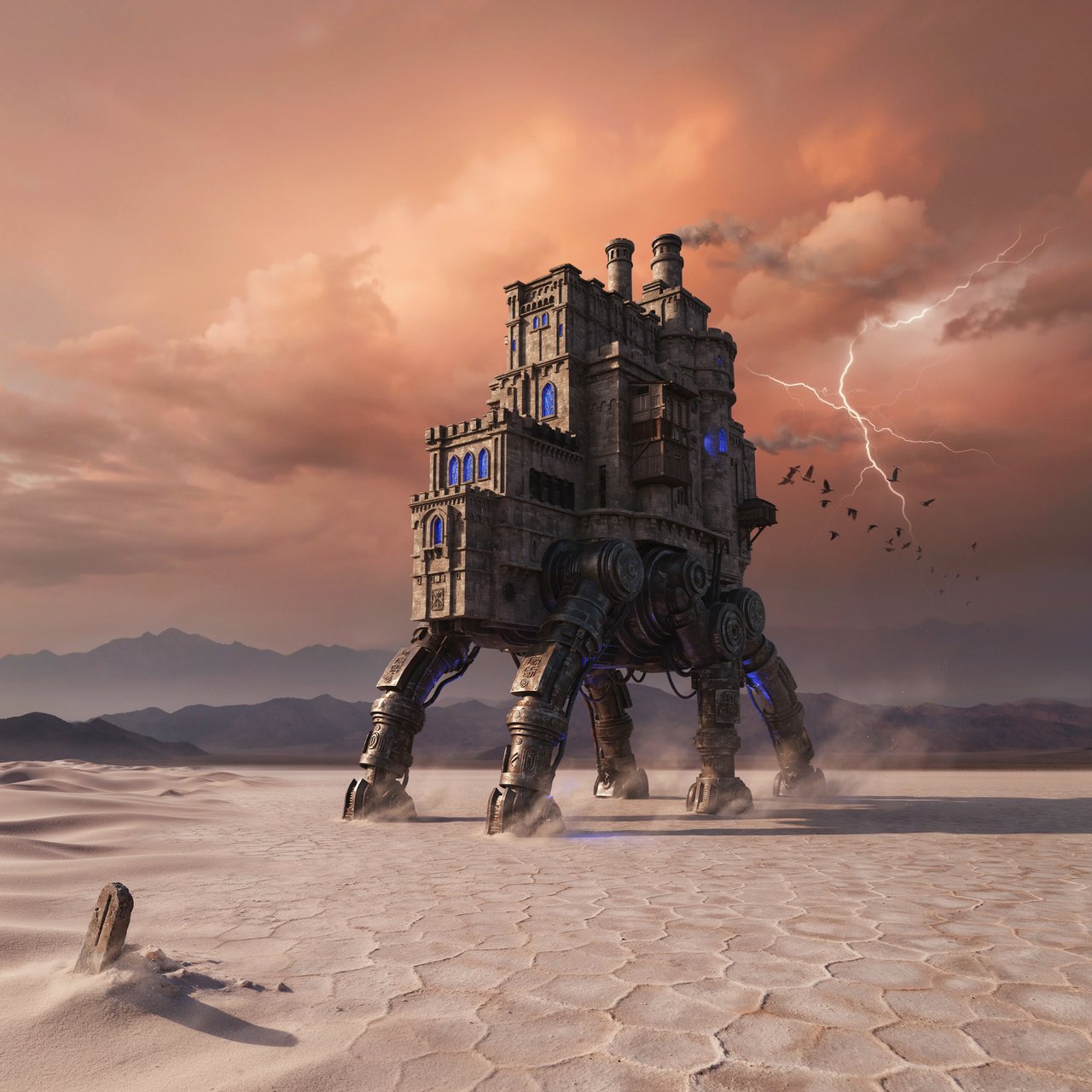 A colossal walking citadel crosses a salt desert, its ironwood legs striding through windblown dunes beneath a copper storm. Blue furnace light leaks from carved windows, casting a long shadow toward distant mountains. — Ideogram v4