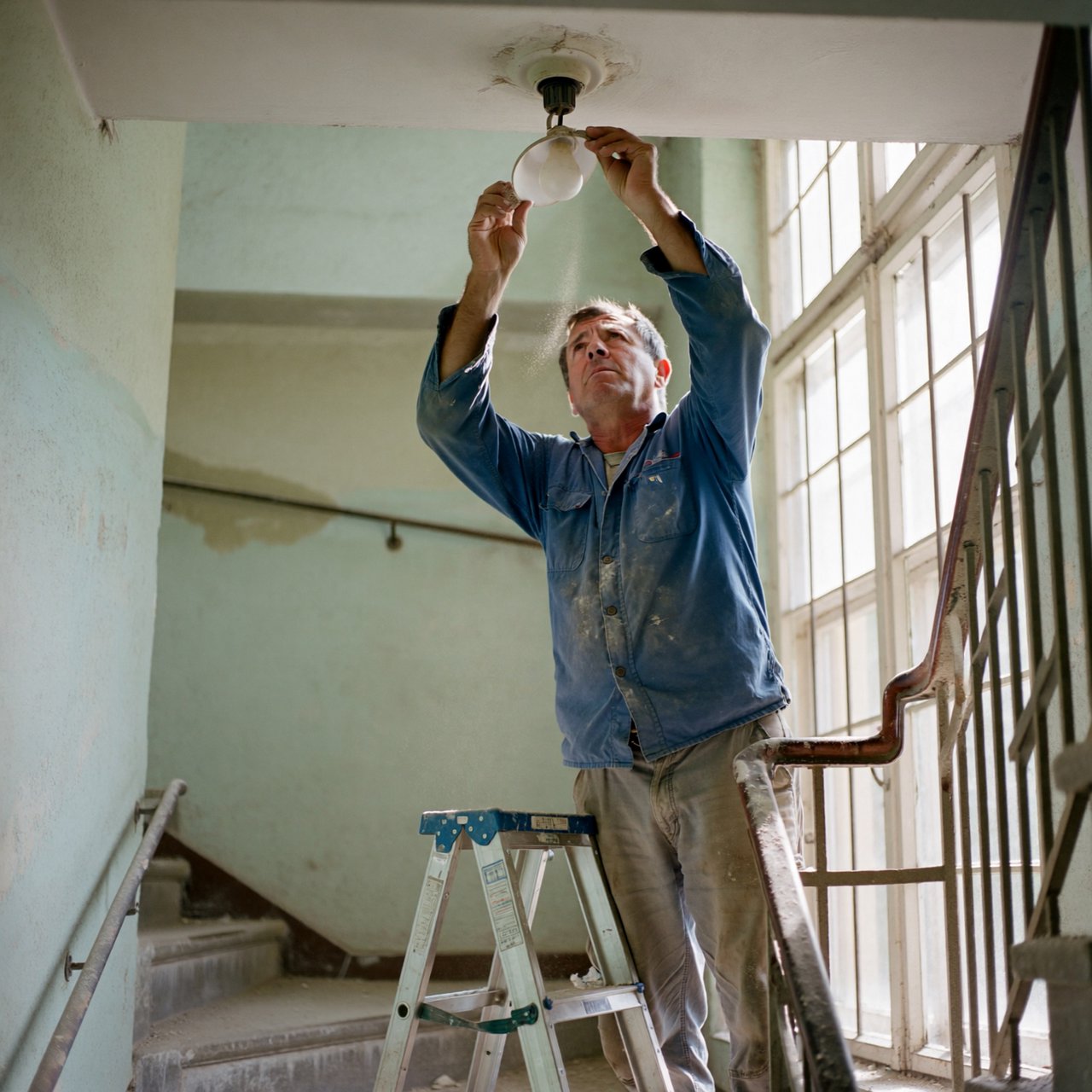Candid documentary photograph of an adult building caretaker changing a ceiling light in a quiet apartment stairwell, pale afternoon window light, 35mm lens with moderate depth of field, plaster dust drifting from the fixture. — ImagineArt 2