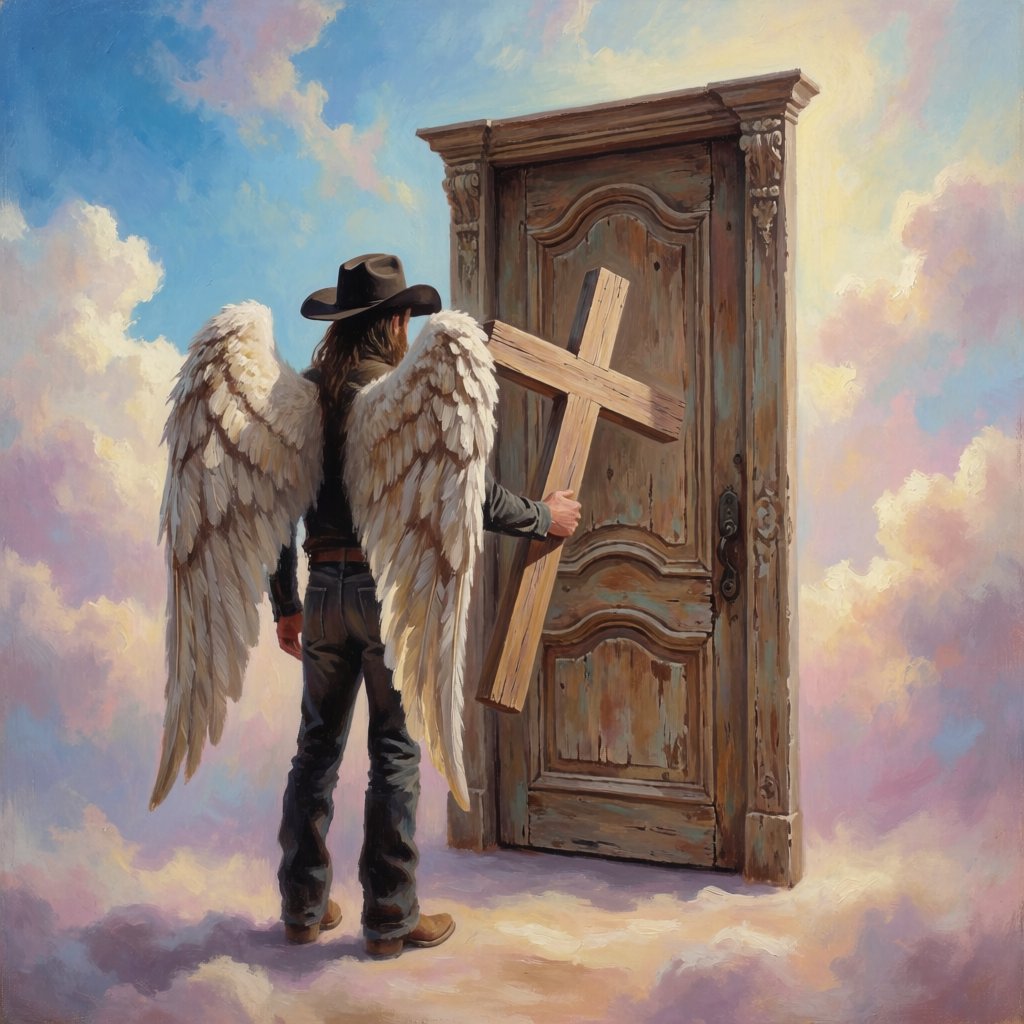 Create a painted image of a frontier lawman in heaven, facing away from the camera with angel wings. He is standing on a ground made of clouds, with a door in front of him. Holding a cross, he uses it to knock on the door. — Krea 2 Medium