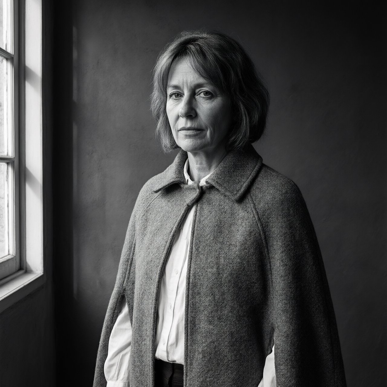 Under a narrow window beam, an adult woman in her late 50s wears a sculpted wool cape over a cotton blouse; her wry expression rests against a charcoal plaster backdrop in a black-and-white portrait, shaped by soft angled light. — Qwen Image 3.0