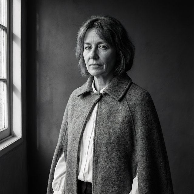 Under a narrow window beam, an adult woman in her late 50s wears a sculpted wool cape over a cotton blouse; her wry expression rests against a charcoal plaster backdrop in a black-and-white portrait, shaped by soft angled light. — Qwen Image 3.0