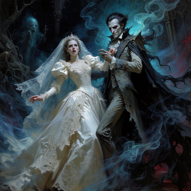 Baroque-style digital dark fantasy and cinematic Gothic horror; painterly realism, chiaroscuro à la Caravaggio; cool color palette of blues and turquoises, deep black shadows; swirling magical smoke, dynamic diagonal composition; intricate lace fabrics, detailed skin and creature textures; volumetric lighting, elegant, fluid movement; fantasy book cover illustration; dramatic storytelling, atmospheric depth. Gothic bride — Krea 2 Medium