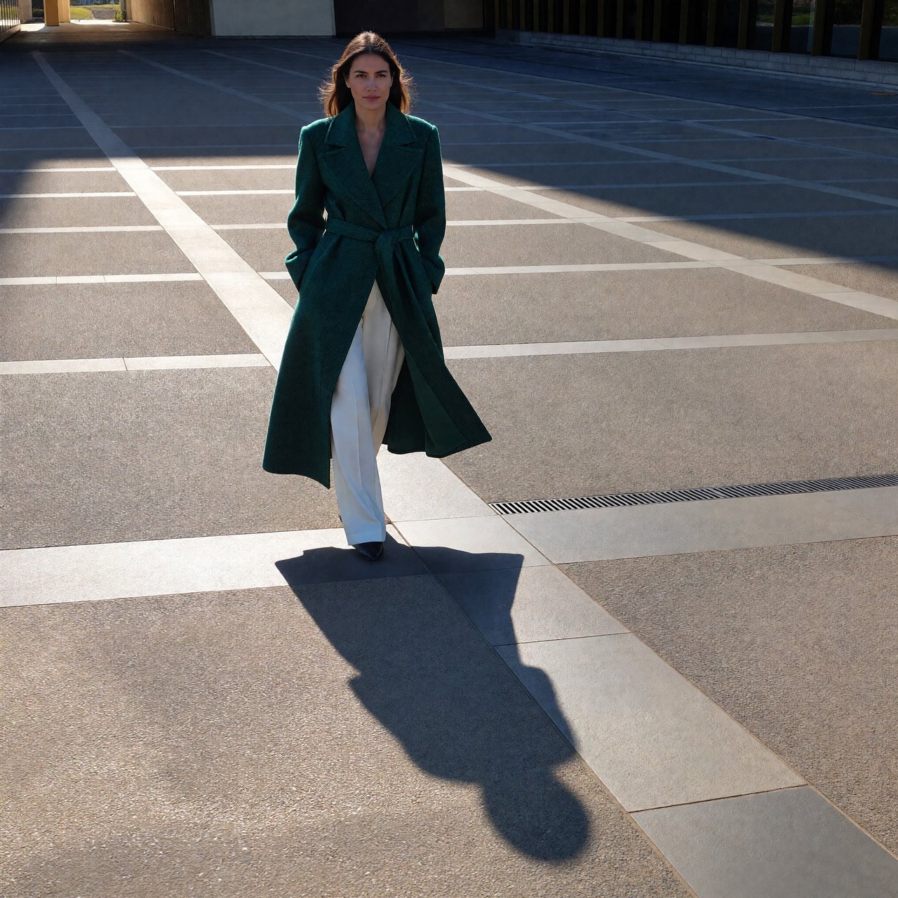 Full-length fashion editorial: model in a structured emerald wool coat and white trousers walking across a wide empty plaza, harsh midday sun, long shadow. — ImagineArt 1.5 Pro