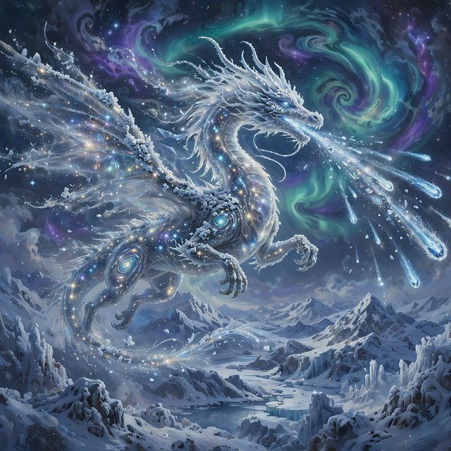 A majestic dragon made of pure starlight and frozen cosmic dust, soaring through a celestial winter landscape. Its scales shimmer with the light of a thousand galaxies, and its breath is a trail of icy comets. The background features swirling aurora borealis over a frozen, mountainous terrain. The style is a blend of painterly fantasy art and surrealism. — Muse Image 1.0
