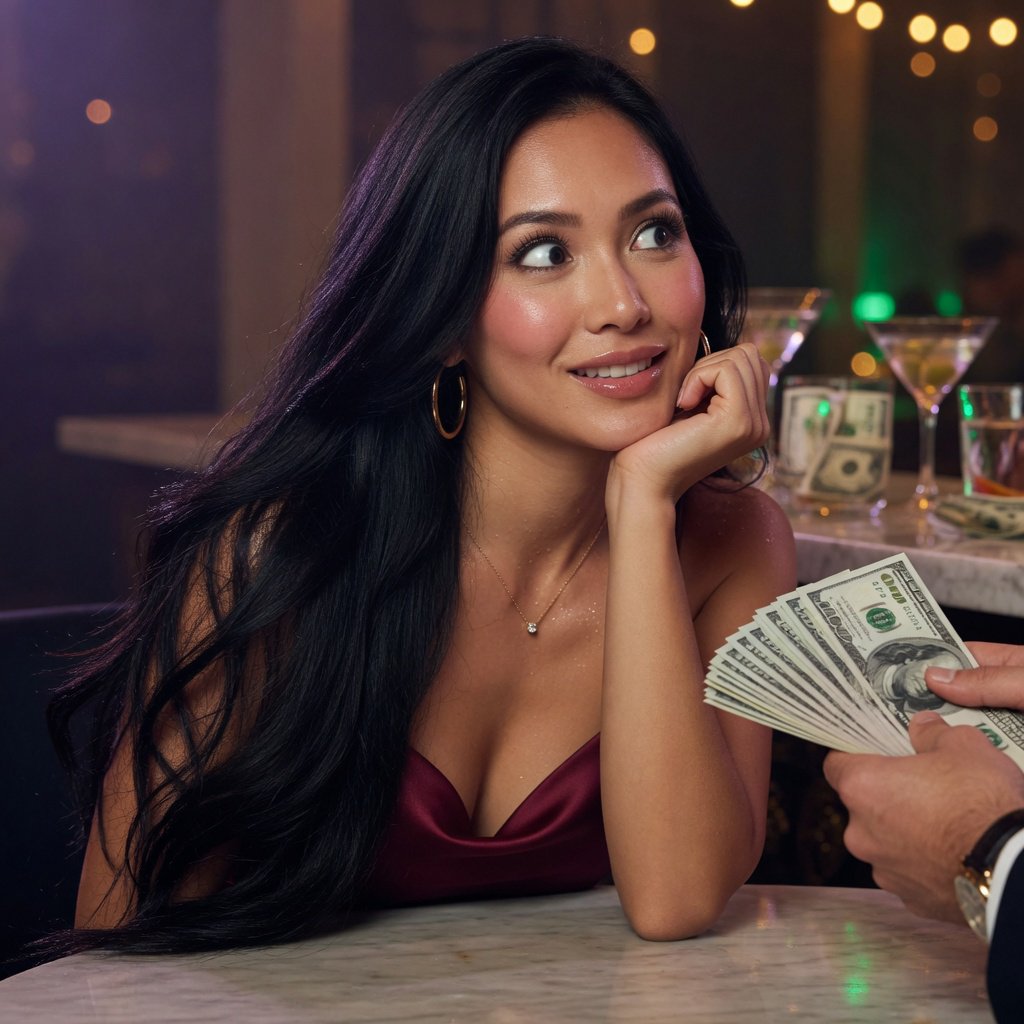 Exchanging flirtatious glances. Alluring. A peerlessly beautiful adult woman. Captivating. An expression of being dazzled by money, heart racing. Ergonomics. Long hair flowing. — Grok Imagine Image Quality