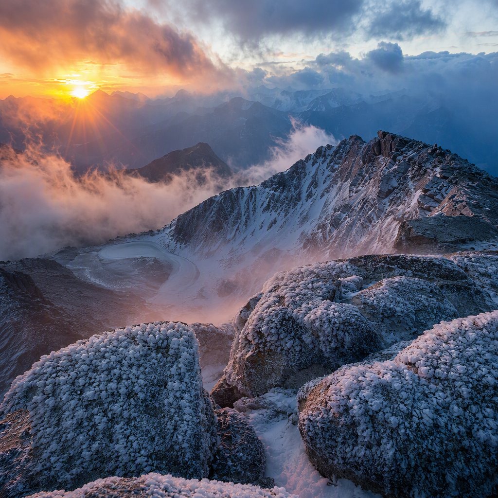 Wind combs a high granite ridge above a glacial cirque at sunrise, beneath clearing snow squalls; granular rime crusts foreground boulders while successive peaks dissolve into blue cloud shadow. — GPT Image 2