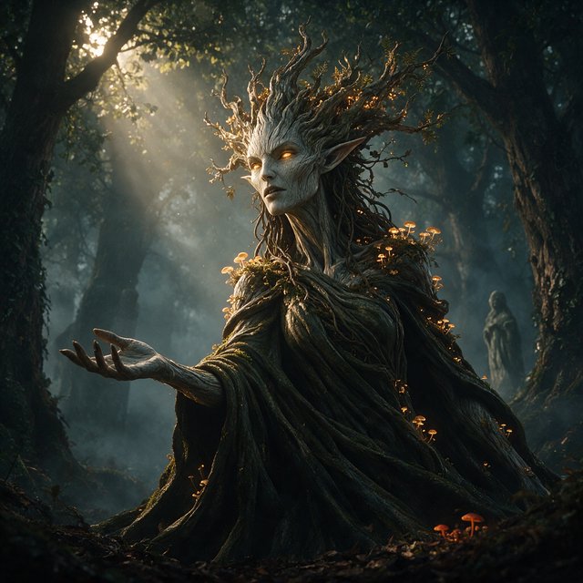 fantasy aesthetic, volumetric fog, chiaroscuro lighting, subsurface scattering, sculptural realism, an epic adult dryad. — Seedream 5.0 Pro