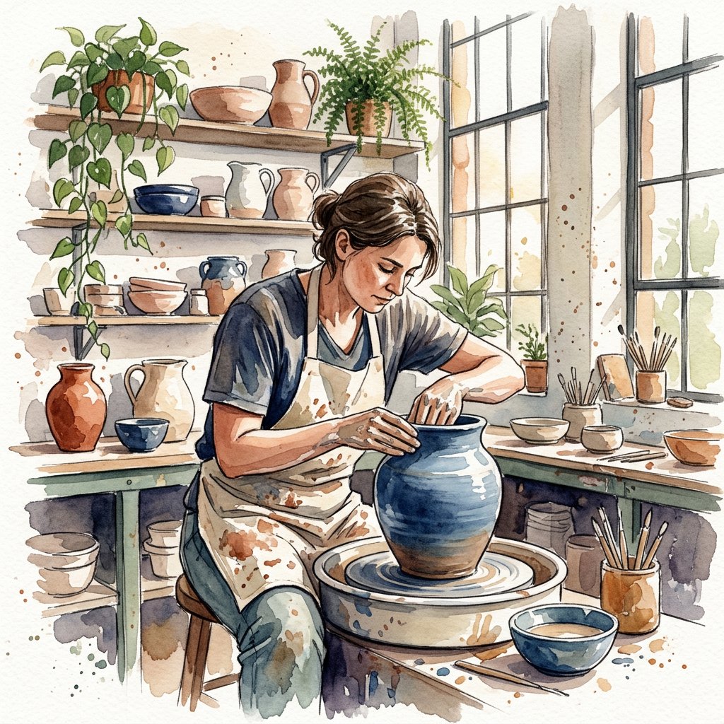 Watercolour illustration of an adult ceramicist shaping a blue-glazed vessel in a sunlit workshop, shelves of unfinished pottery and leafy plants softened by loose brushwork. Palette of terracotta, indigo, warm cream, and sage. — Nano Banana 2.1