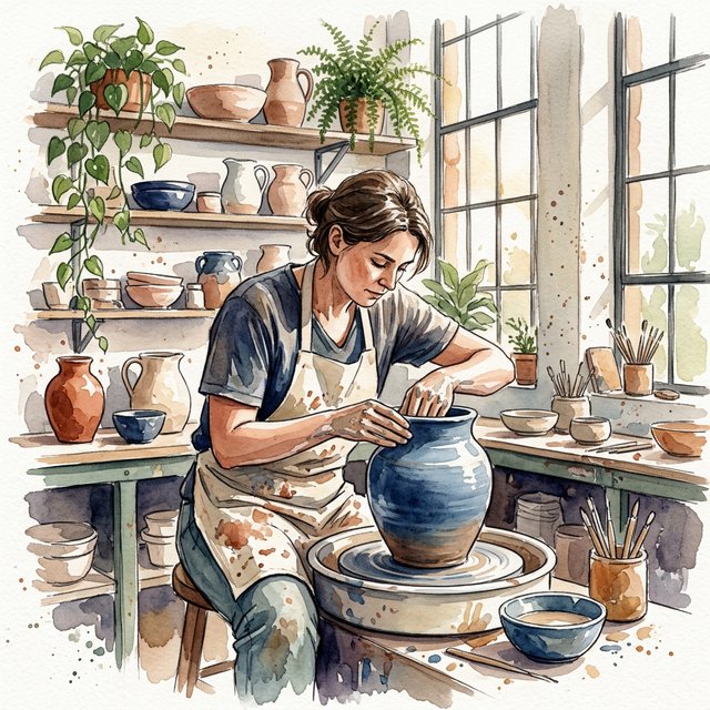 Watercolour illustration of an adult ceramicist shaping a blue-glazed vessel in a sunlit workshop, shelves of unfinished pottery and leafy plants softened by loose brushwork. Palette of terracotta, indigo, warm cream, and sage. — Nano Banana 2.1